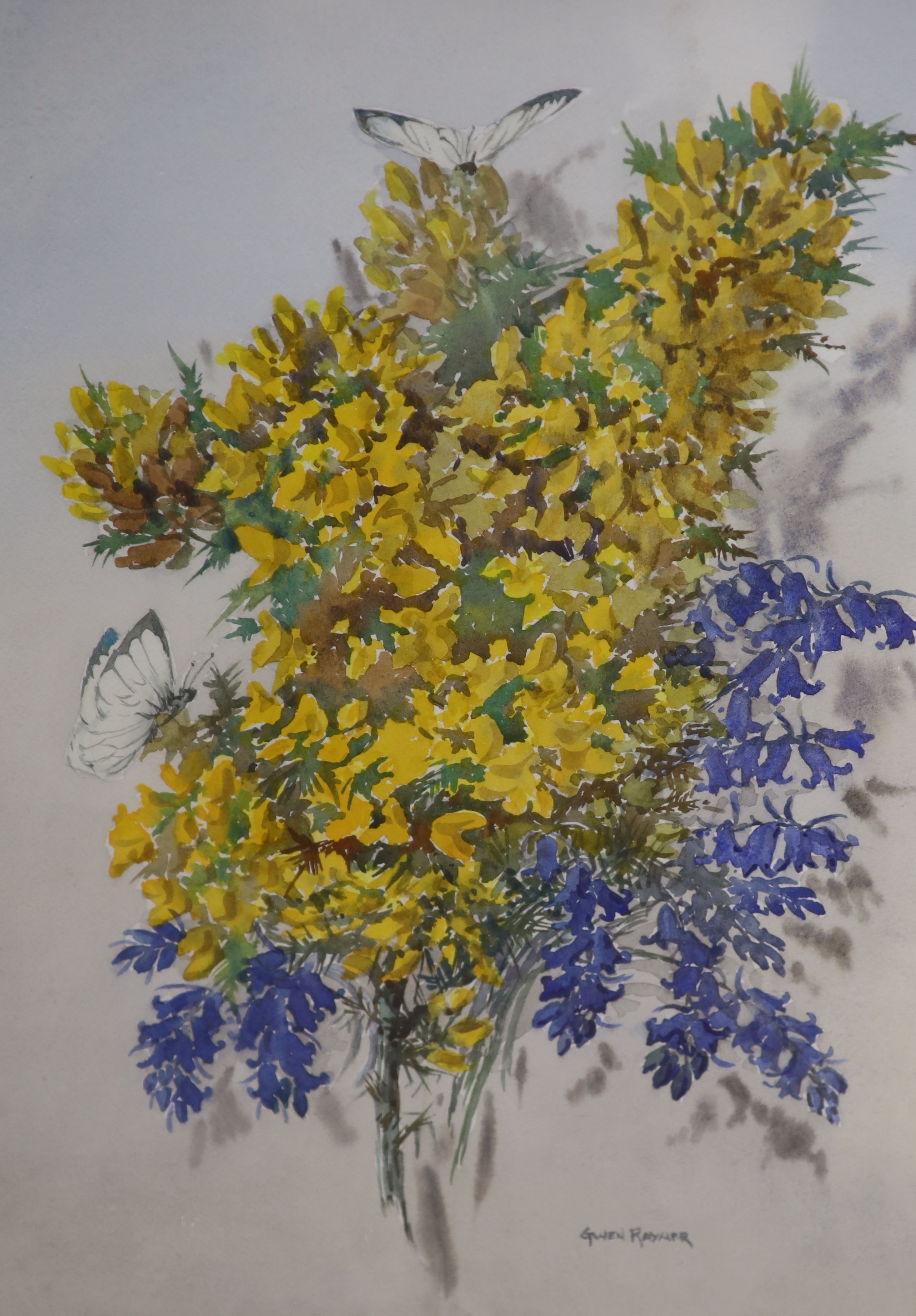 Arthur Dudley, watercolour, Still life of fruit, signed, 26 x 77cm and a still of flowers by Gwen Rayner, 45 x 32cm